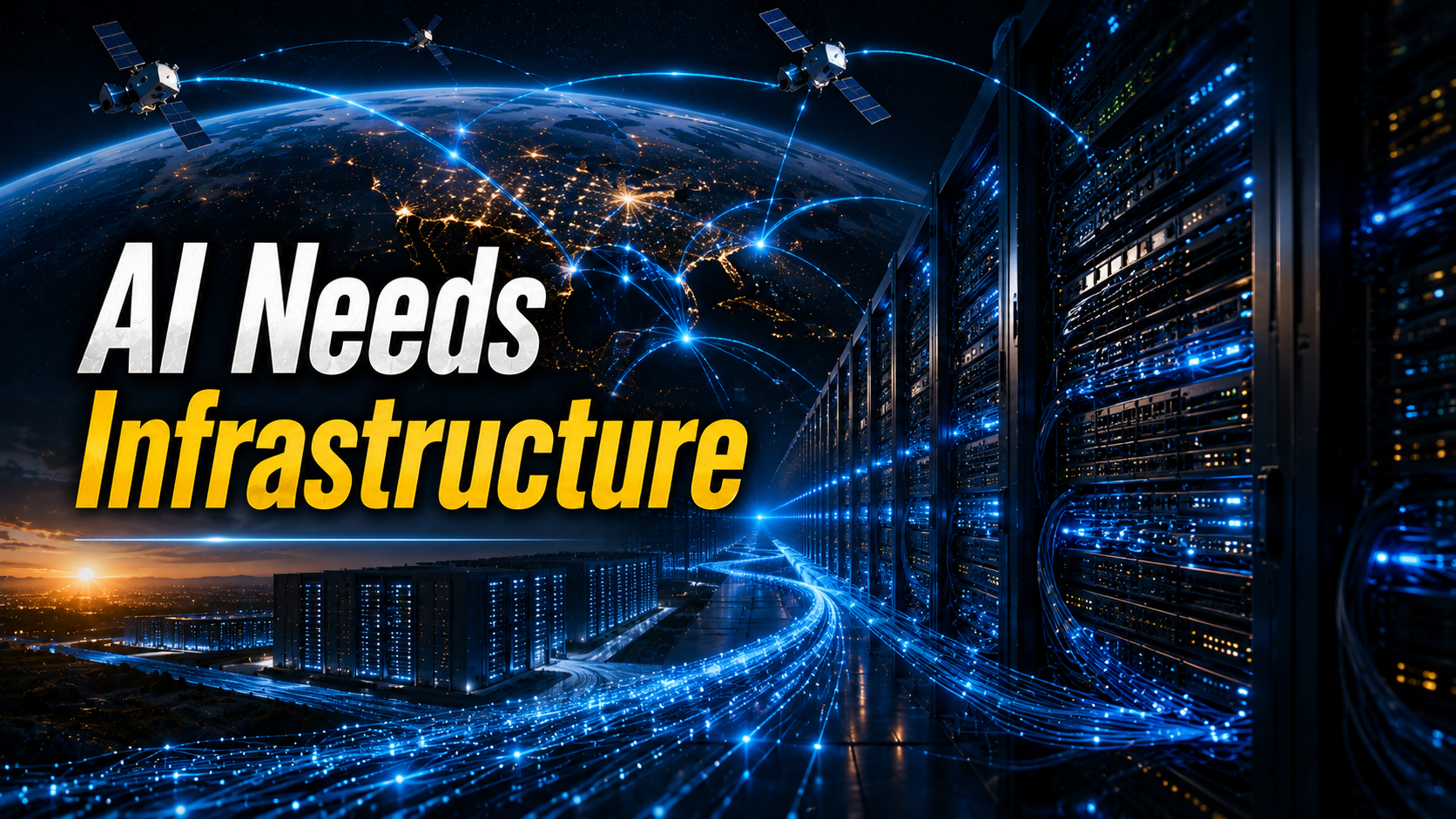 AI infrastructure with data centers, satellite networks and global connectivity supporting artificial intelligence growth