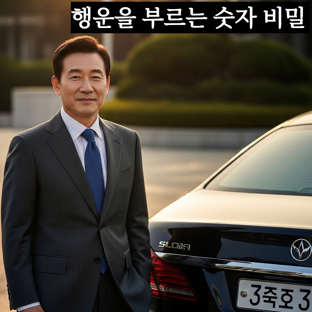 황금빛 노을이 내리쬐는 세련된 대형 세단의 번호판이 빛나고 있으며 성공한 인상의 한국인 남성이 만족스러운 미소를 짓고 있는 프리미엄 자동차 화보