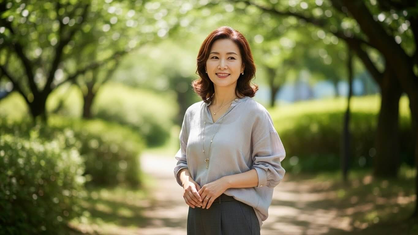공원 산책 중 편안한 표정을 짓는 중년 여성의 일상적인 모습