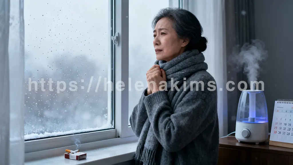 쌀쌀한 겨울 창가에 서서 목을 손으로 감싸 쥐며 불편함을 표현하는 중년 여성의 옆모습.