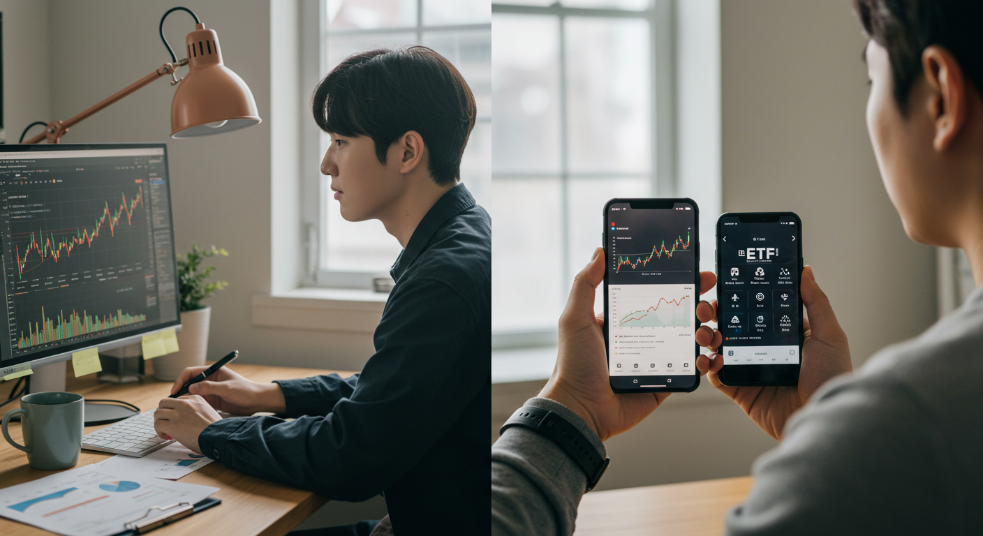 주식과 ETF 투자 방식을 비교하는 두 명의 한국 투자자