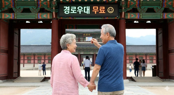 복지카드를 사용하여 박물관 입구 키오스크에서 무료 티켓을 발권하는 할아버지의 뒷모습