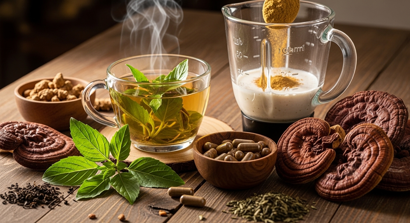 홀리 바질 차, 아슈와간다 캡슐, 스무디에 넣는 홍경천 분말, 말린 영지버섯 등 다양한 형태의 어댑토젠 제품들이 나무 테이블 위에 놓여 있습니다.