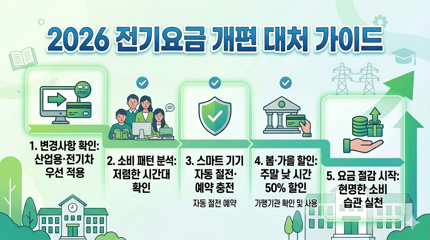 전기요금 개편 대처 가이드, 단계별 안내 이미지, 산업용 및 전기차 우선 적용 확인부터 요금 절감 실천까지