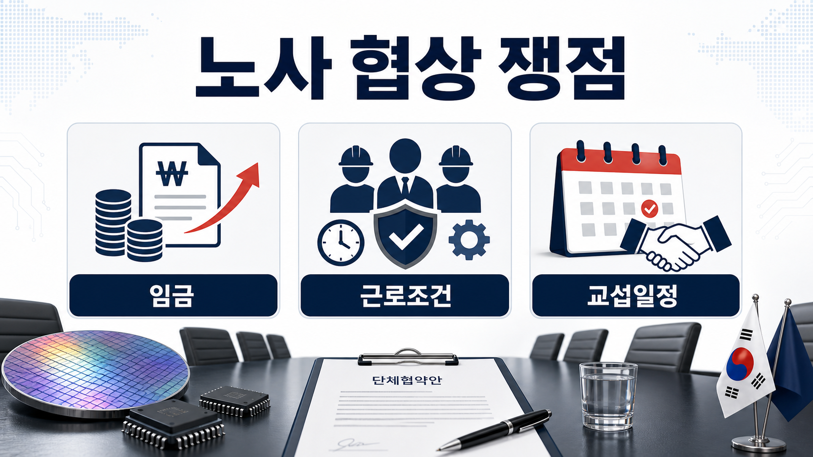 삼성전자 노사 협상 쟁점을 임금, 근로조건, 교섭일정으로 정리한 이미지