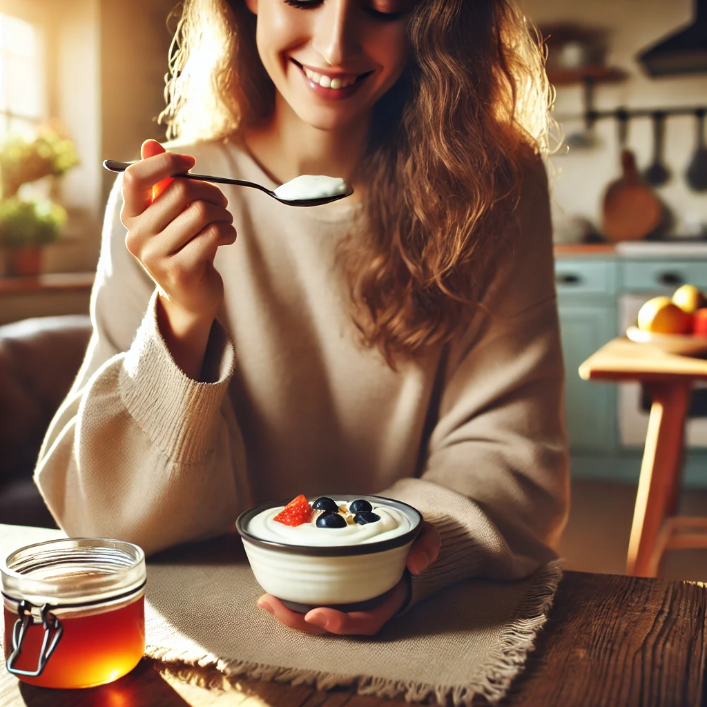 그릭요거트를 먹는 여성의 모습:유당불내증이 있는 사람의 경우 그릭요거트를 통해 유제품의 영양소를 섭취할 수 있다.