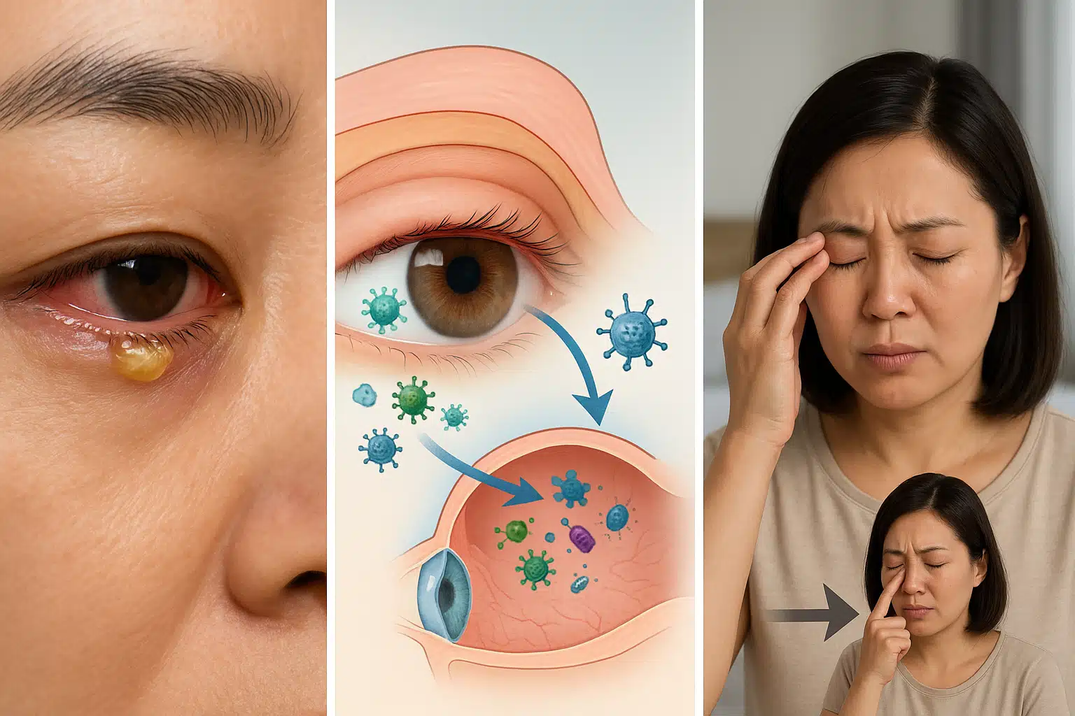 결막염 환자의 눈에서 노란색·녹색 끈적한 눈곱이 많이 나온 모습, 세균·바이러스가 눈에 침투하는 장면, 한쪽 눈에서 다른 눈으로 전염되는 과정