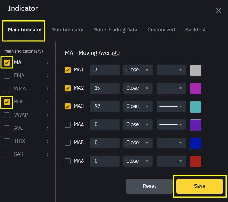 주요 지표 리스트와 설정하는 창