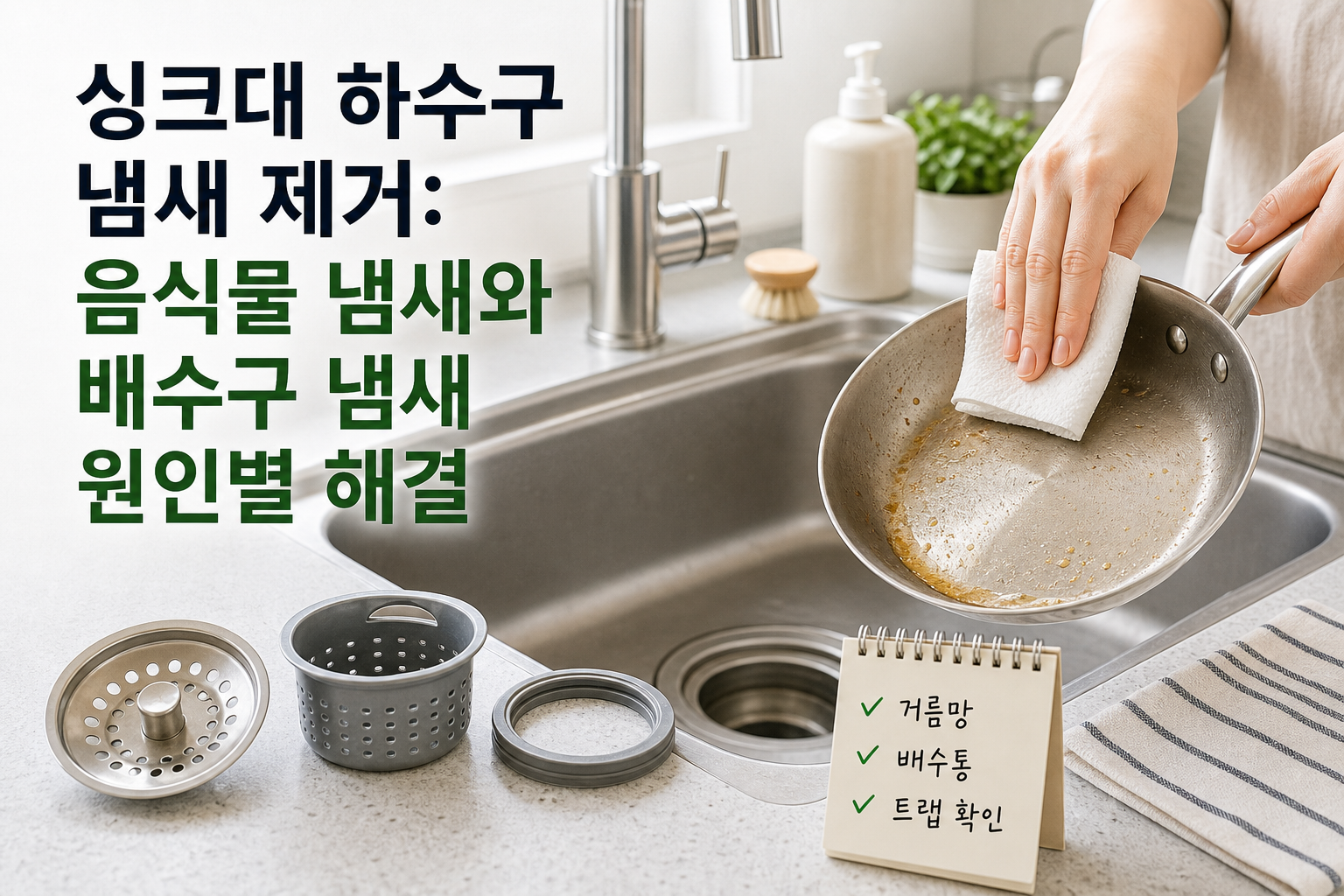 싱크대 거름망 배수통 고무 패킹과 청소 도구를 놓고 냄새 원인을 확인하는 주방 장면