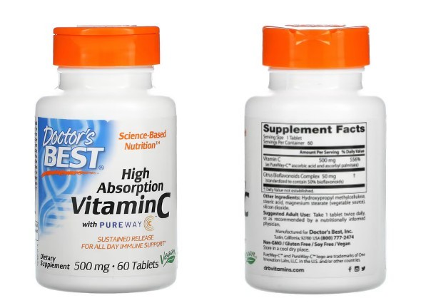 Doctor&#39;s Best&#44; PureWay-C 함유 고흡수 비타민C&#44; 500mg&#44; 60정