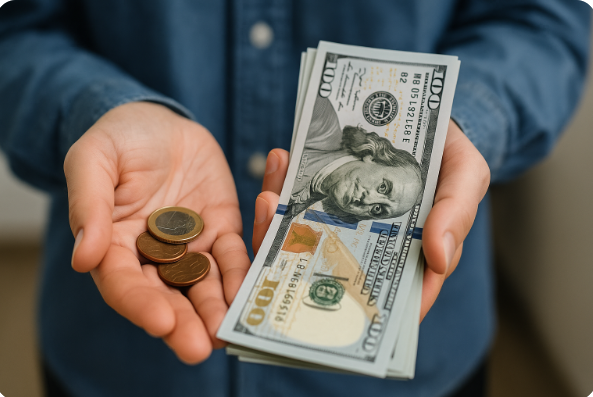 리츠 투자 분배금을 받아 지폐와 동전을 손에 쥔 투자자의 모습