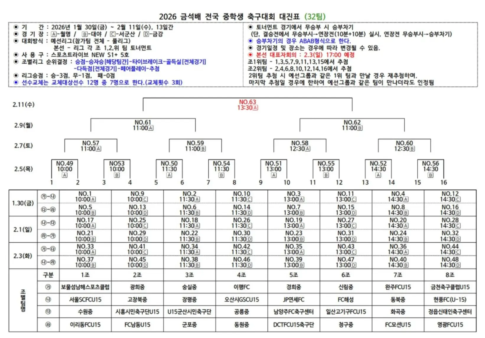 2026 금석배 전국 중학생 축구대회 대진표(조 편성 및 경기 일정, 1월 30일 ~ 2월 11일)