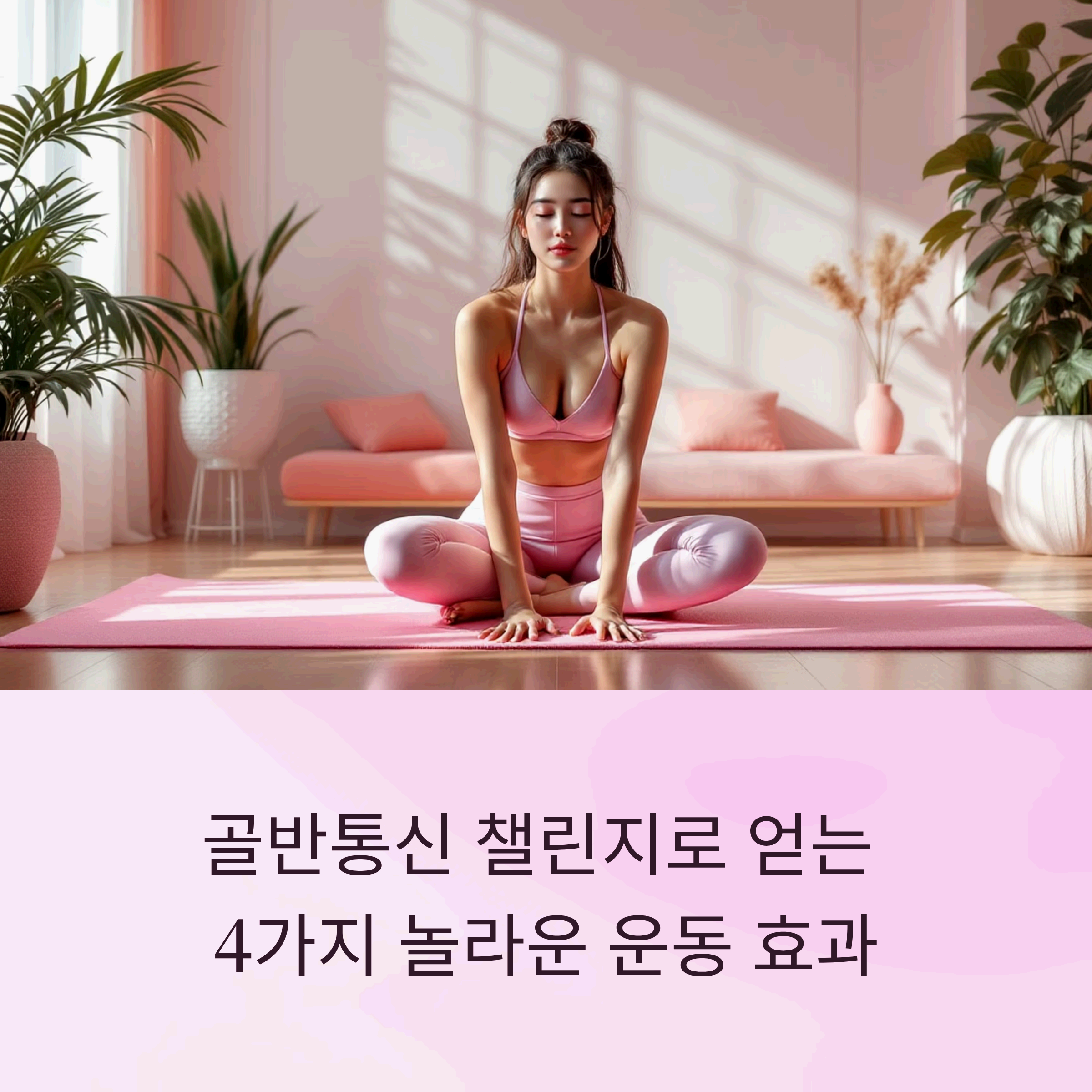 한 여성이 밝은 거실 요가 매트 위에서 골반통신 챌린지 운동을 하며 올바른 자세를 취하고 있는 모습