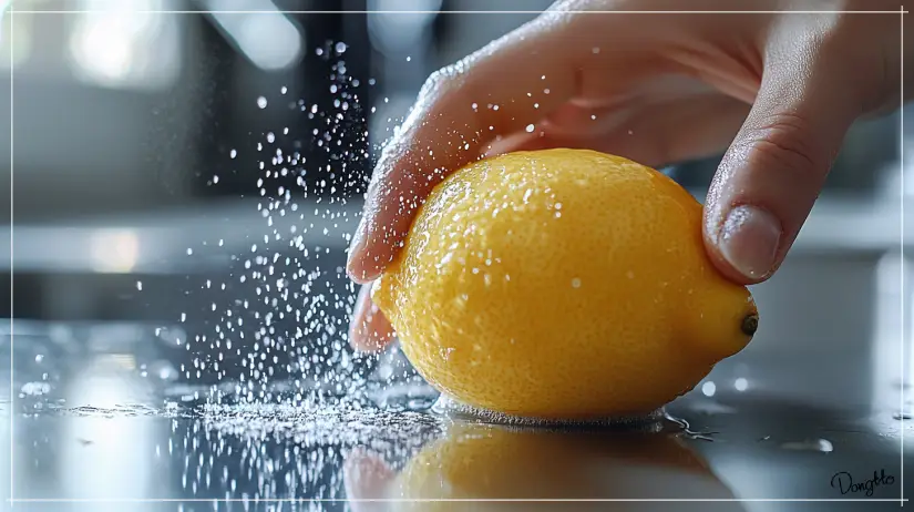 레몬물-만들기-과정인-레몬-겉면에-베이킹소다를-뿌려-문지르는-모습