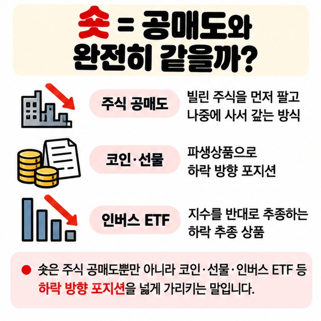 주식 공매도 코인 선물 인버스 상품처럼 숏과 하락 베팅의 거래 구조가 서로 다를 수 있다는 설명 카드