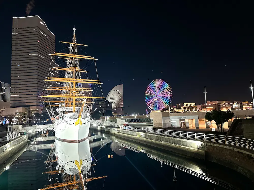 범선과 관람차 야경 사진