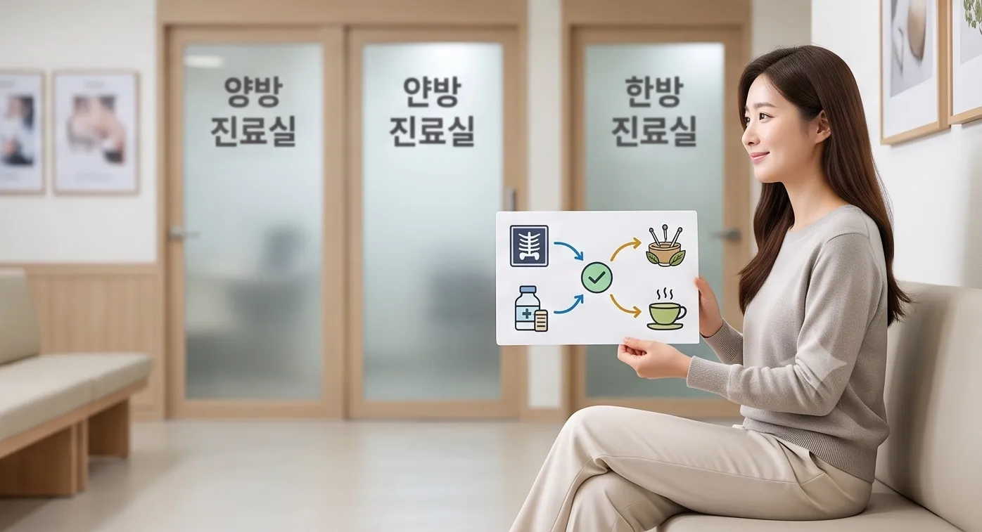 양방·한방 진료실이 있는 병원 대기실에서 여성 환자가 한양방 협진 치료 과정이 담긴 안내판을 들고 웃고 있는 모습