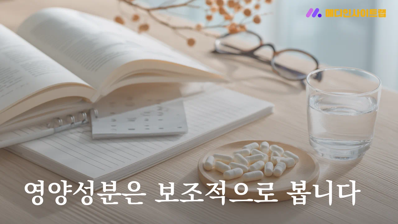 책상 위에 비타민 D 캡슐 병과 프로바이오틱스 제품 형태의 중립적인 영양제 실루엣, 옆에는 의료 논문과 메모 노트, 배경은 과장되지 않은 건강정보 블로그 분위기