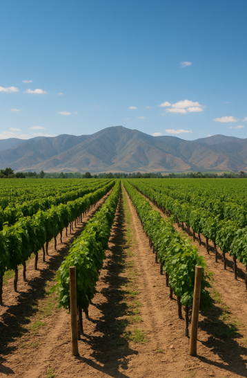 칠레 센트럴 밸리의 아름다운 포도밭 전경, 푸른 하늘 아래 줄지어 심어진 포도나무와 멀리 보이는 산맥