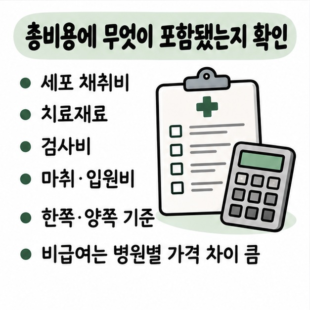 치료재료와 채취비, 검사비, 마취·입원비가 병원별 총비용 차이를 만드는 요소임을 보여주는 카드