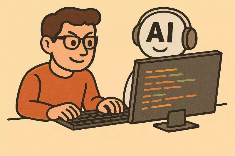 개발자가 AI와 함께 모니터를 보며 코딩하는 모습