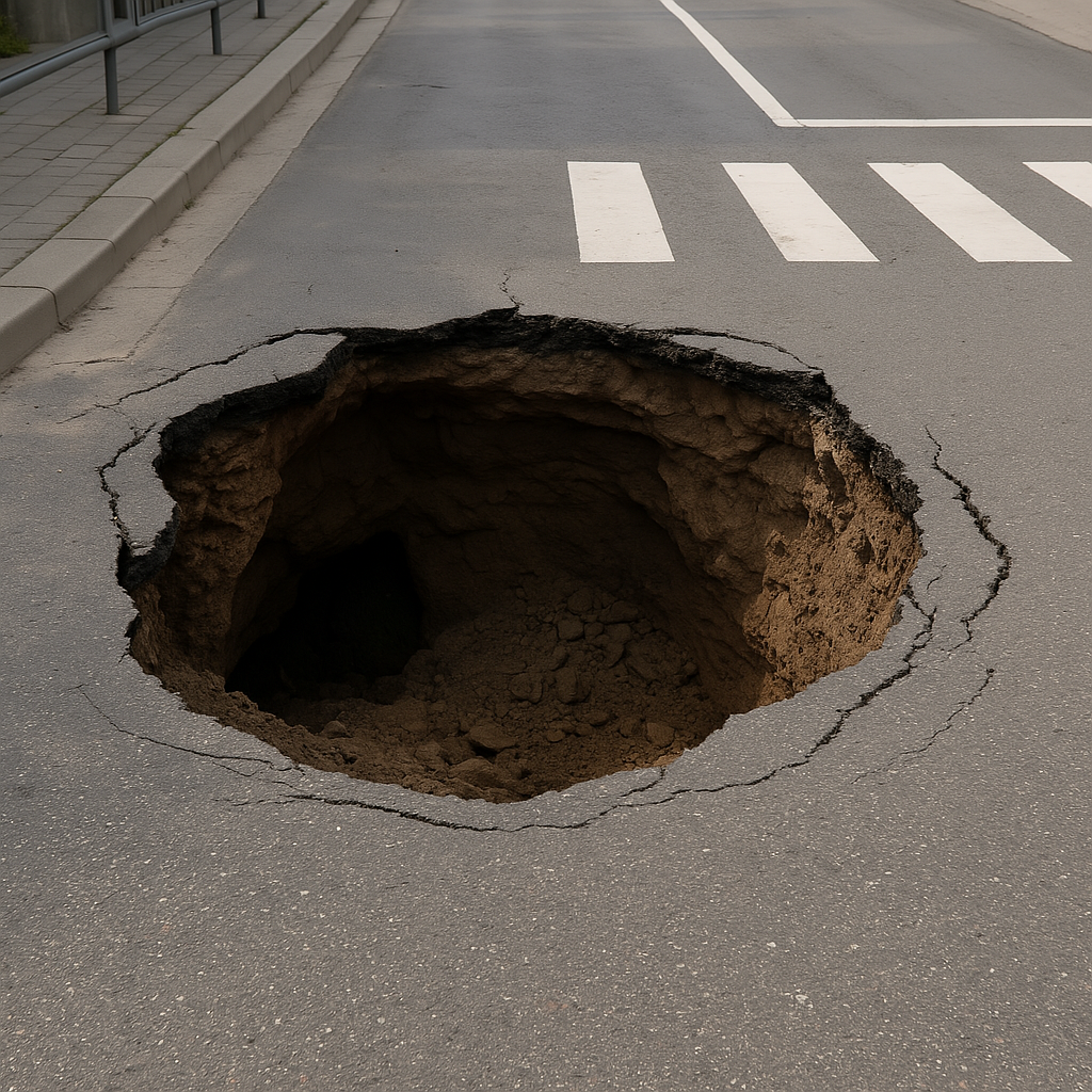아스팔트 도로 위에 발생한 대형 땅꺼짐(지반침하) 현장. 도로 중앙이 깊게 꺼져 지반이 노출되어 있으며, 안전사고의 심각성을 보여주는 대표적인 도시 인프라 붕괴 사례.