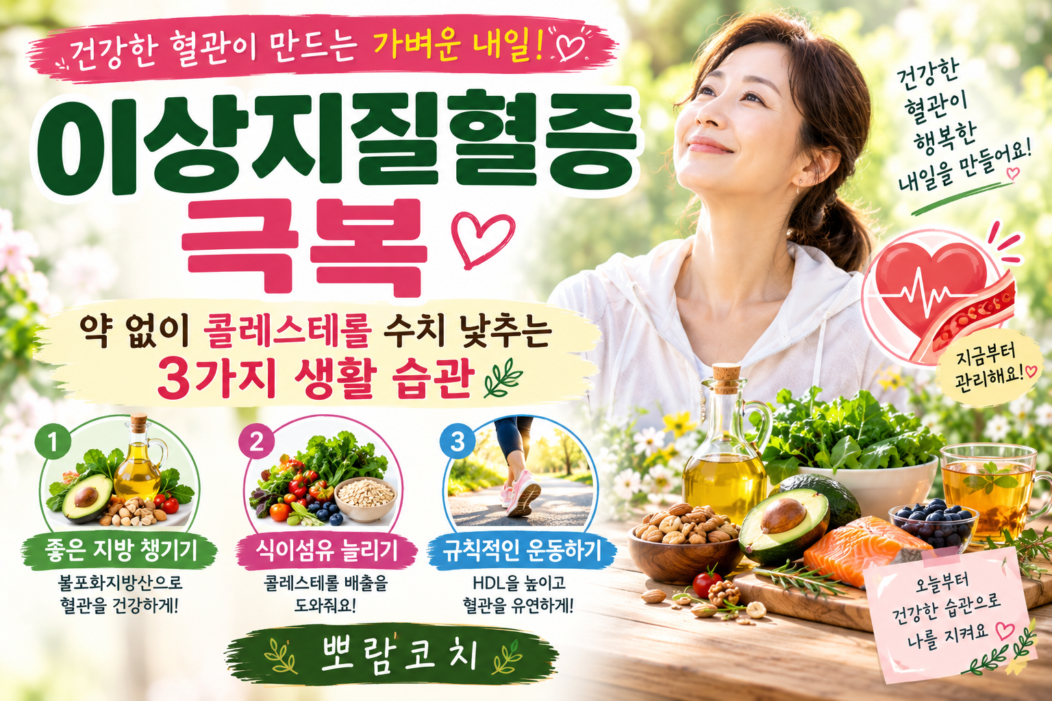 올리브유와 견과류, 신선한 아보카도가 정갈하게 차려진 건강한 혈관 식탁 따뜻한 허브티를 마시며 미소를 짓고 편안하게 휴식을 취하는 감성 이미지