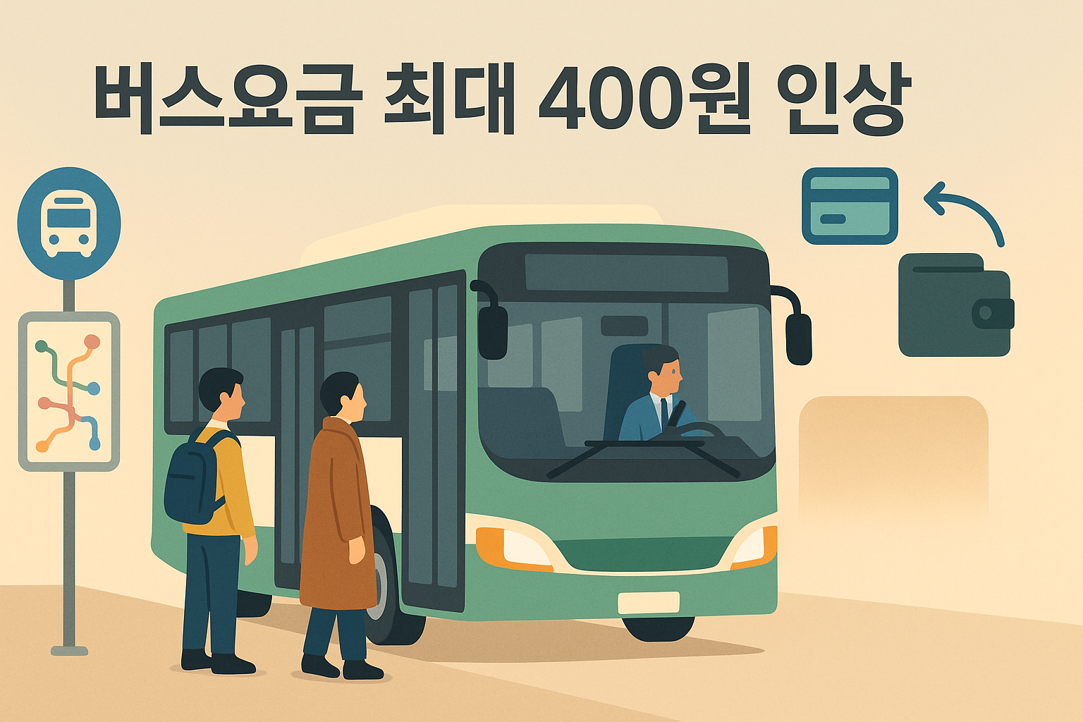 버스 도착, 학생&middot;직장인&middot;노인 3명이 정류장 대기