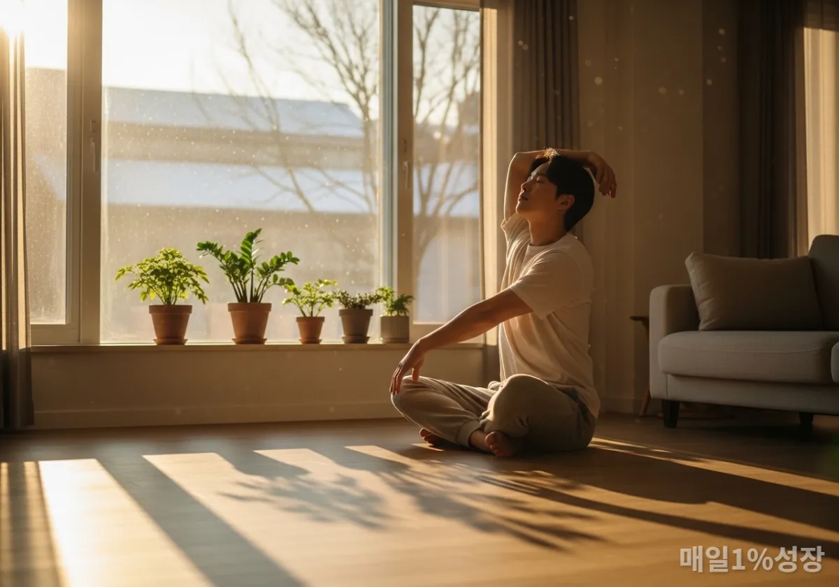 햇살 가득한 거실에서 광합성을 하며 스트레칭하는 한국 남성