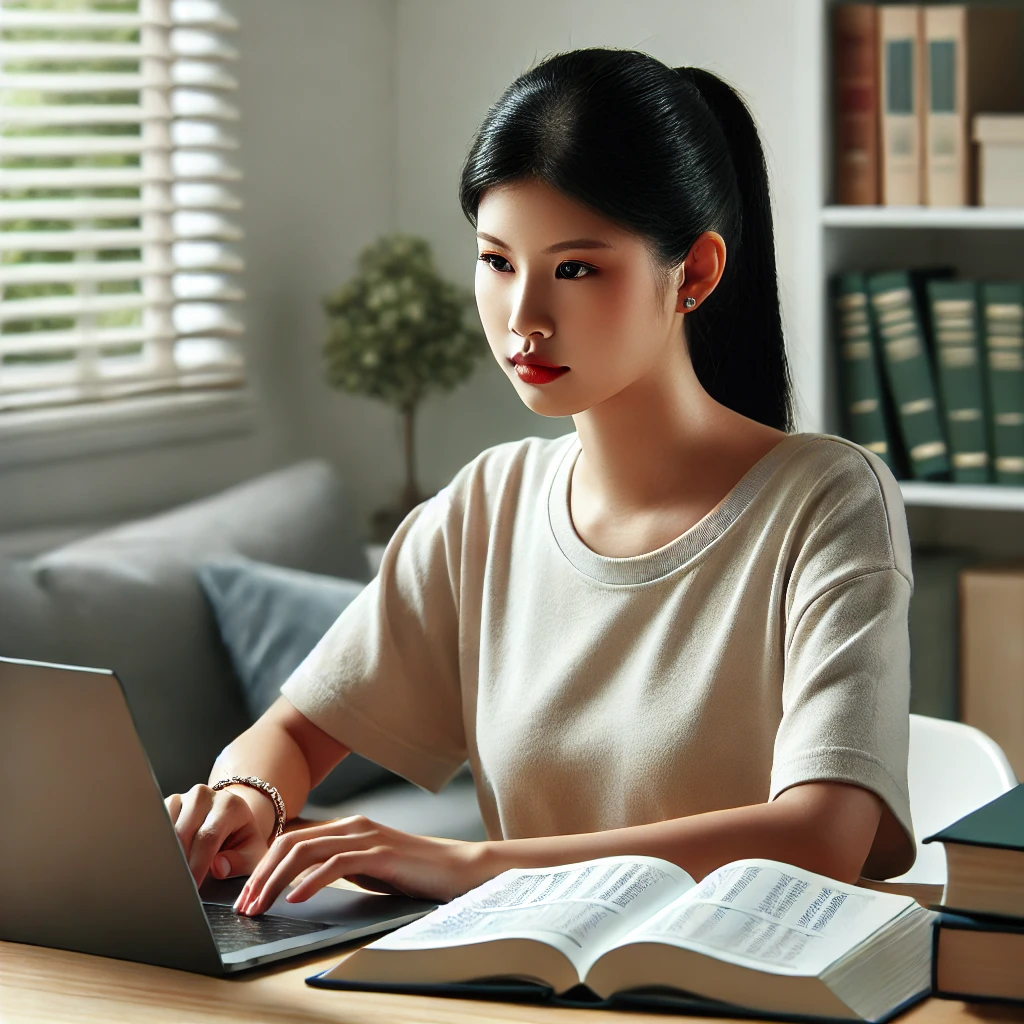 20대 후반의 한국 여성이 공부 책상에서 노트북과 펼쳐진 책으로 데이터베이스 쿼리를 연습하며 결단력 있는 표정으로 컴퓨터 자격증 시험 준비
