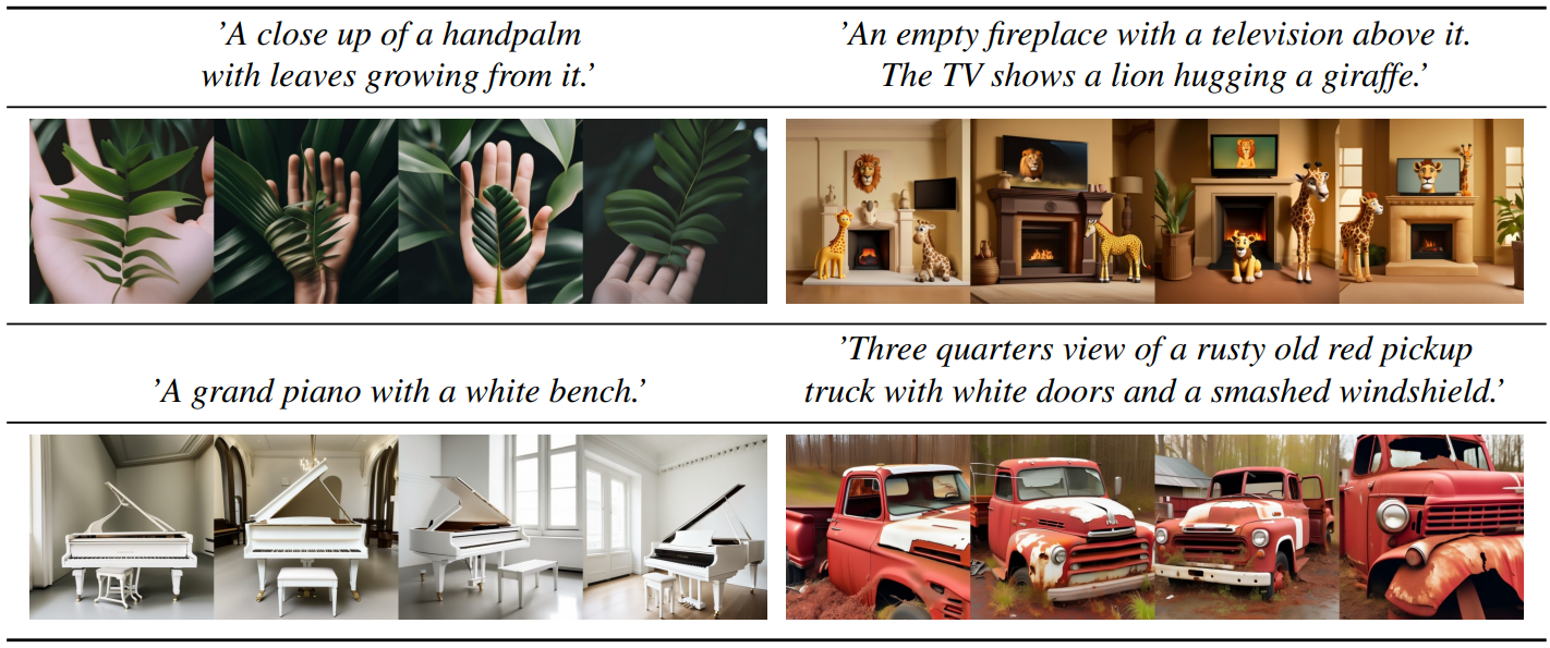 그림 7. SDXL 의 실패사례. 이전 버전의 Stable Diffusion에 비해 크게 개선되었음에도 불구하고, 세부적인 공간 배치 나 세부 설명이 포함된 매우 복잡한 프롬프트(예: 왼쪽 상단)이 주어질 때, SDXL은 여전히 좋은 이미지 생성이 어렵습니다.&nbsp; 또한 손이 항상 올바르게 생성되는 것은 아니며(예: 왼쪽 상단), 모델에서 두 개념이 서로 섞이는 문제가 발생하기도 합니다(예: 오른쪽 하단 예시). 모든 예는 DDIM 샘플러[46] 50단계 및 CFG 8.0 [13]으로 생성된 무작위 샘플입니다.