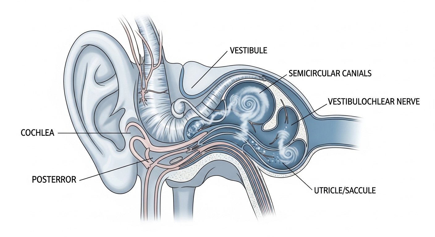 전정기관의 균형 이상을 보여주는 귀 내부 구조 다이어그램.