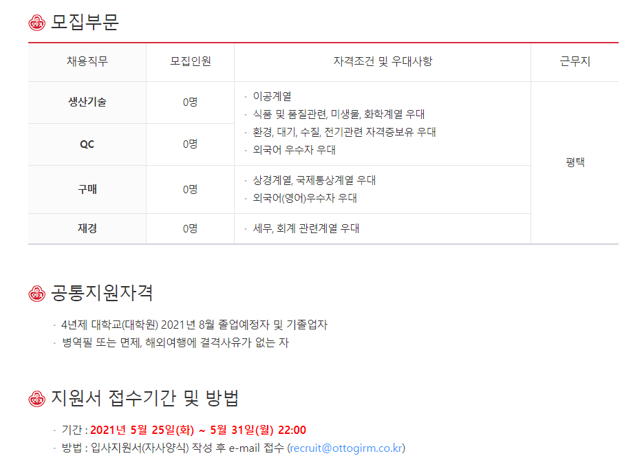 오뚜기라면 채용 - 모집부문, 지원서 접수 정보