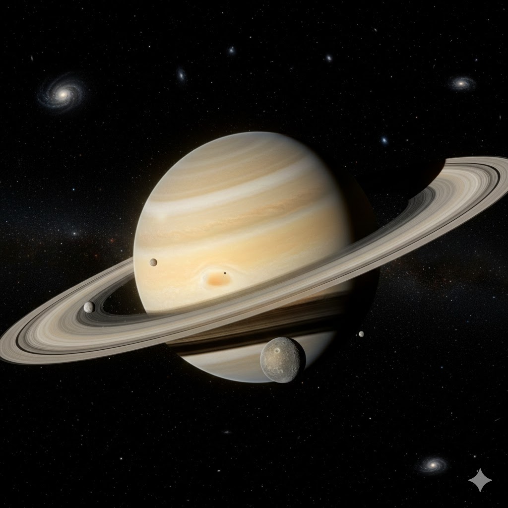 깊은 우주를 배경으로 한 고해상도 토성 이미지입니다. 토성 본체의 은은한 황금빛 가로 줄무늬 대기와 이를 둘러싼 거대하고 정교한 얼음 고리가 선명하게 표현되어 있습니다. 고리 주변과 토성 앞쪽으로는 타이탄을 포함한 여러 개의 위성이 공전하는 모습이 담겨 있어 태양계의 보석다운 장엄함을 보여줍니다