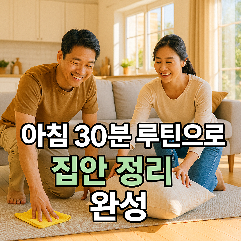아침 햇살 속 집안 정리하는 부부