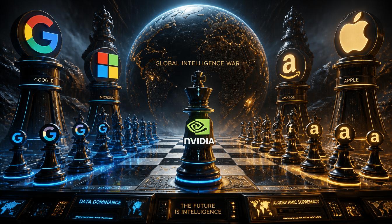 A symbolic representation of global tech giants competing for AI sovereignty.