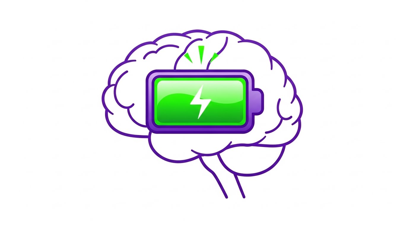 도파민 단식을 통해 뇌의 에너지가 충전되고 집중력이 회복되는 과정을 보여주는 그래픽