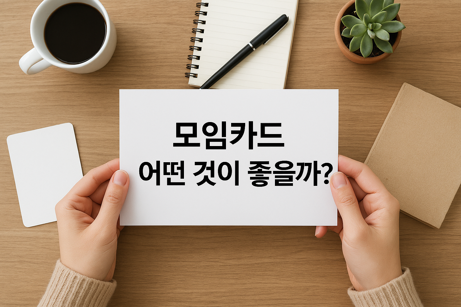 "모임카드 추천 가이드: 현명한 선택 방법" 제목의 금융 정보 이미지. 두 손이 **"모임카드 어떤 것이 좋을까?"**라고 쓰인 카드를 들고 있습니다. 배경에는 커피잔, 노트, 펜, 작은 식물 등이 놓여 있어 재테크 정보를 다루는 차분한 분위기를 연출합니다.