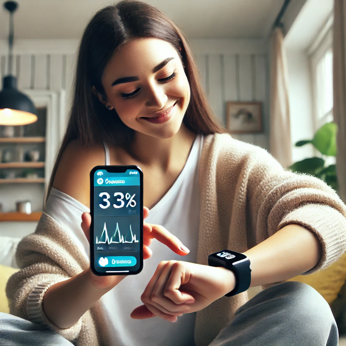 거실에서 스마트워치를 사용해 혈당을 확인하는 사용자