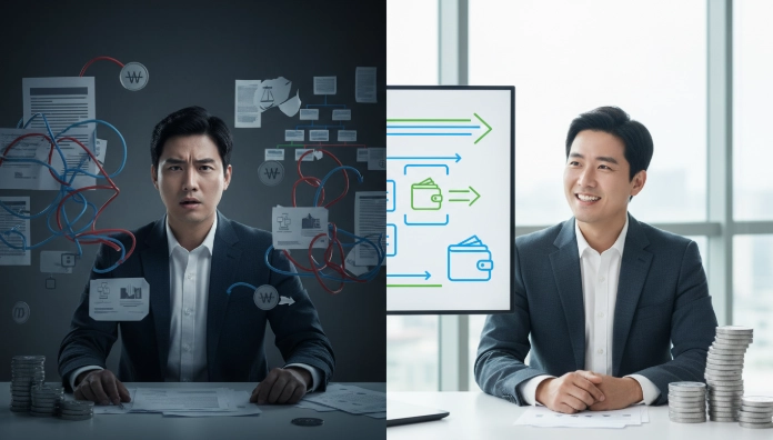 베트남 부동산 매각 대금을 한국으로 송금하는 복잡한 과정(좌)과 명확한 절차를 통해 성공적으로 자금을 회수하는 모습(우)을 비교하는 이미지
