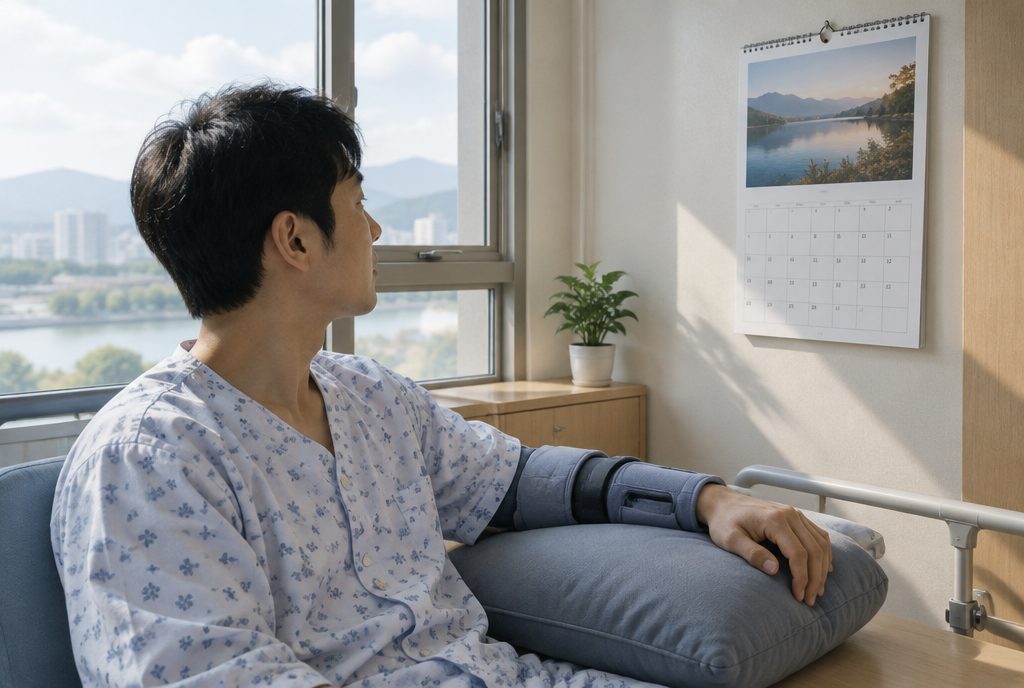 뇌출혈 발병 6개월을 기다리며 달력을 보는 재활 환자