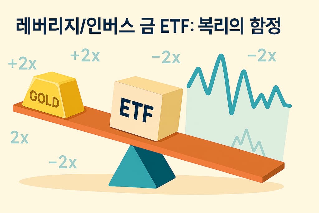 시소의 한쪽에는 금괴가, 다른 쪽에는 ETF 상자가 놓여 있으며 중심에는 +2x, -2x 같은 배수 지표와 함께 흔들리는 그래프가 배경으로 나타난다. 이 이미지는 레버리지 ETF가 단기 수익률을 추종하며 변동성에 민감하게 반응하는 구조를 시각적으로 표현하고 있다.