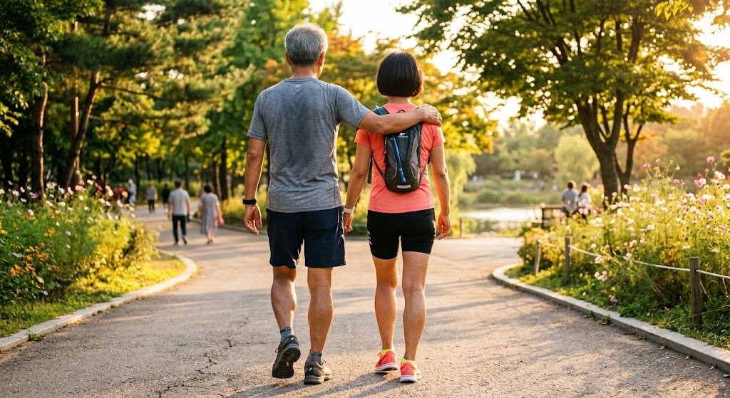 공원을 활기차게 산책하는 건강한 노년 부부의 뒷모습, 탄탄한 하체가 강조된 따뜻한 햇살 아래의 실사 사진]