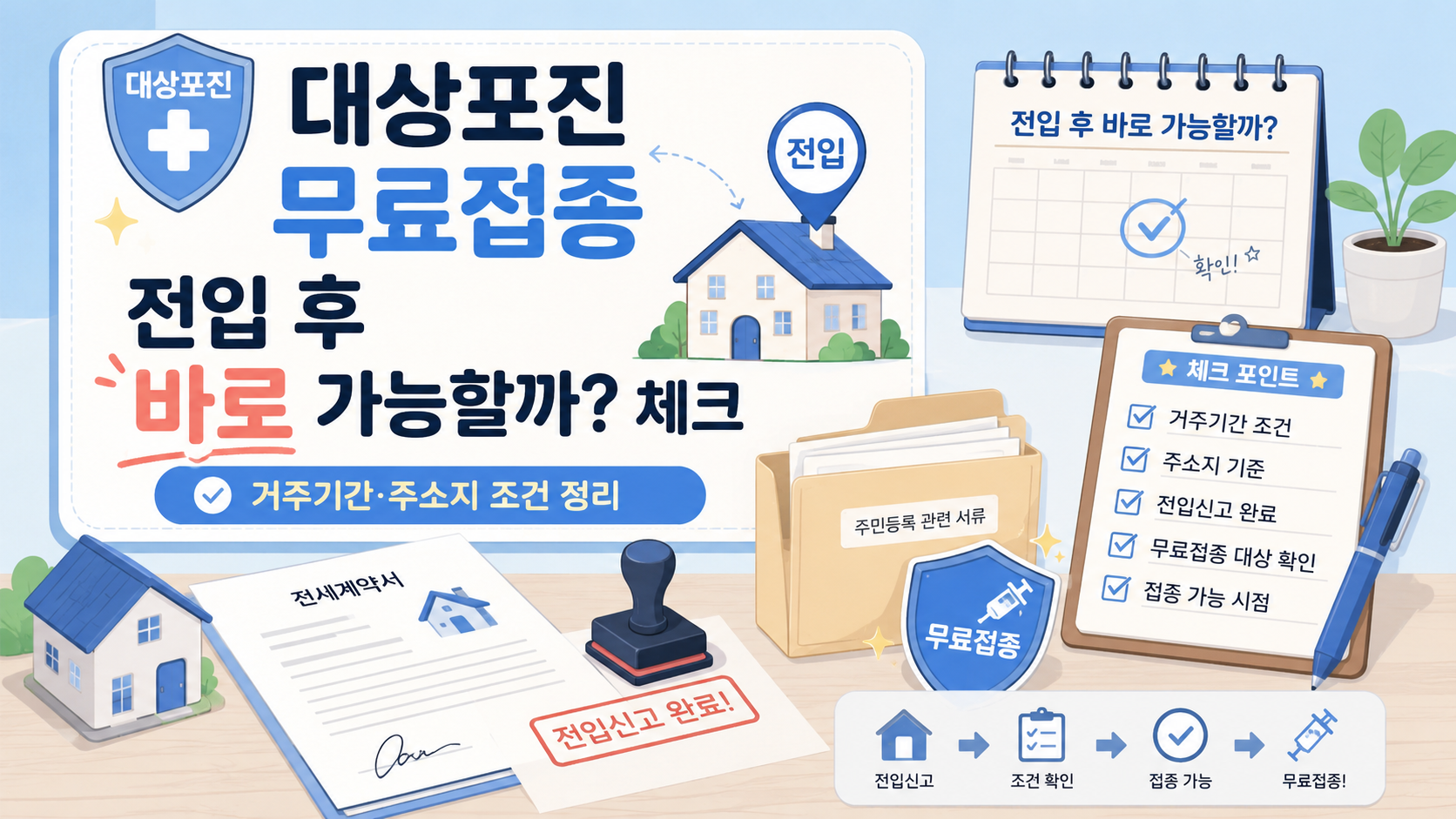 대상포진 무료접종 전입 후 신청 가능 여부와 거주기간&middot;주소지 조건, 전입신고 확인 절차를 정리한 안내 이미지
