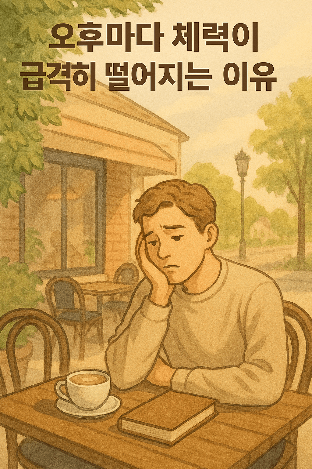 오후 사무실 책상에서 피로한 표정으로 앉아 있는 남성의 모습, 배경에는 에너지가 급격히 저하되는 상태를 시각적으로 표현한 장면