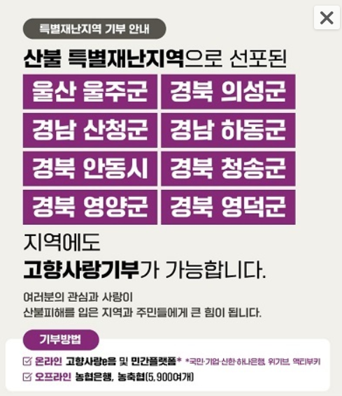고향사랑e음에서 산불 기부하는 방법