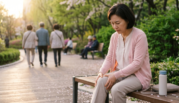 화사한 봄날 공원 벤치에 앉아 따뜻한 햇살 아래서도 나들이 후 찾아온 무릎 통증에 약간 찡그린 표정으로 시큰거리는 무릎을 두 손으로 감싸 쥐고 있는 50대 한국 여성의 모습.