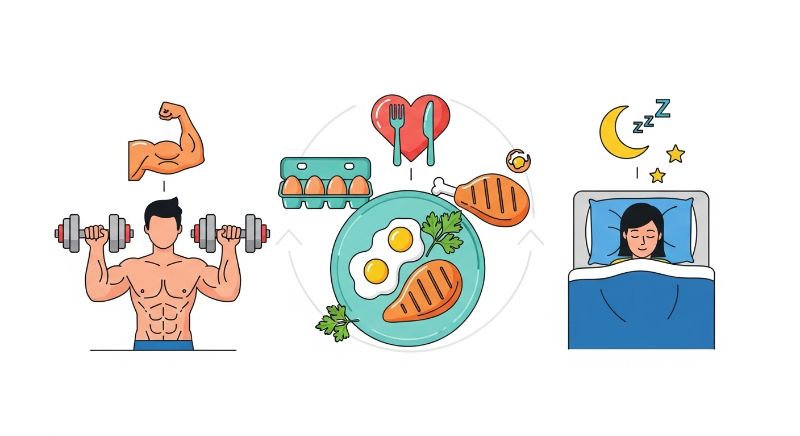 근력 운동과 단백질 섭취, 충분한 수면으로 기초대사량을 높이는 건강 습관 일러스트