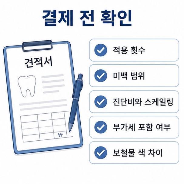 치아미백 결제 전에 적용 횟수와 미백 범위, 추가 비용, 부가세와 보철물 색 차이를 확인하는 모습을 정리한 이미지