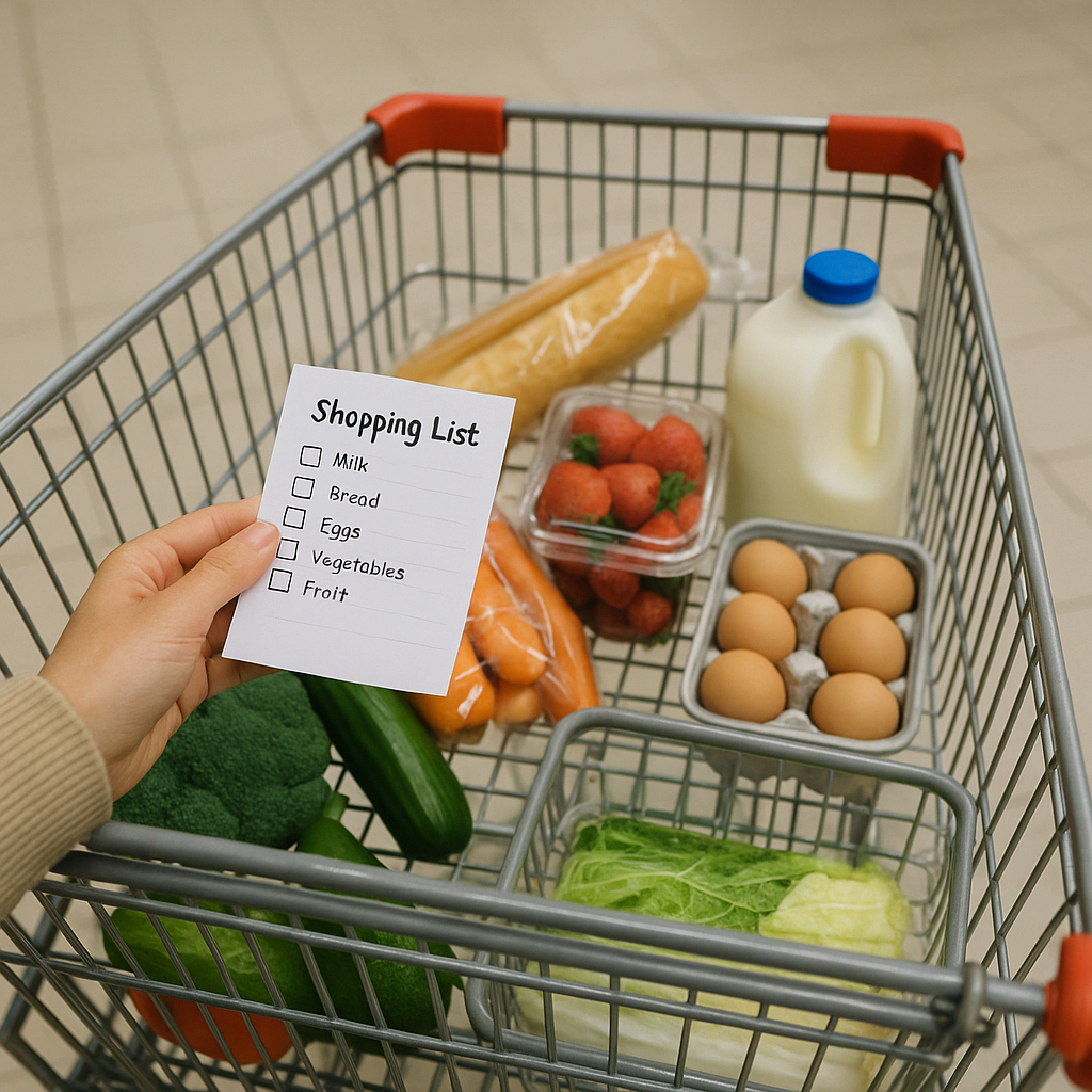 장보기 전에 체크리스트를 확인하는 모습